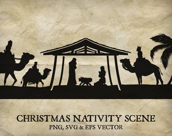 Kerst kerststal silhouet. Baby Jezus, Maria, Jozef in de kribbe. Christelijke illustratie, png-, svg- en eps-vectorbestanden