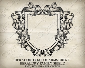 Heraldisch wapenschild kuif heraldiek ridder middeleeuwse familie schild grenskader. Vector Svg, Eps en Png, Jpg. Vintage designillustratie