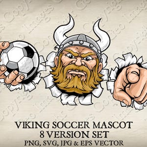 Viking Warrior Soccer Football Ball Mascot Man. Vikings Sports Team Logo Cartoon. 8 Versions. Ripped Background. Vector SVG, EPS, PNG, Jpg