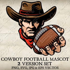 Cowboy Bandit Western American Football Ball Mascot. Logo sportivo della squadra Cowboys Outlaw. 2 versioni. Vettore SVG, EPS e PNG, Jpg