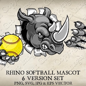 Rhino Rhinoceros Softball Baseball Ball Sports Mascot Rhinos Sport Logo Cartoon. 6 Versions. Ripped Background. Vector SVG, EPS, PNG, Jpg