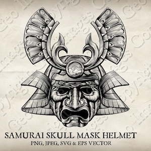 Pode incluir: Uma ilustração em preto e branco de um capacete de máscara de crânio de samurai. O capacete tem um design detalhado com padrões intrincados e uma expressão feroz.