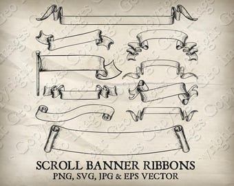 Scroll banner lint perkament vlag SVG bundel, png eps, framerand scrolls banners linten vintage houtsnede vector afdrukbare scrapbooking
