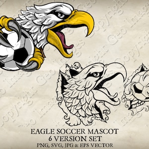 Eagle Holding Soccer Football Ball Claws Mascot Bald Eagles Logo Cartoon. 6 Versions. Ripped Background. Vector SVG, EPS, PNG, Jpeg