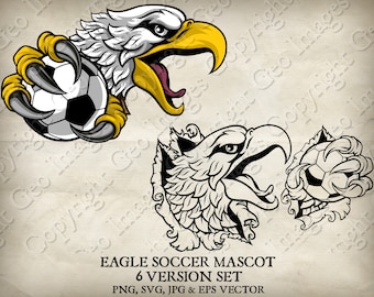 May include: A set of six digital illustrations of an eagle mascot holding a soccer ball. The eagle is depicted in both a full-color and black and white version. The mascot is shown with its talons gripping the soccer ball.