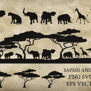 Scena della sagoma di animali africani di Safari e set di elefanti, leoni, giraffe e rinoceronti Silouette in file vettoriali PNG, SVG ed EPS