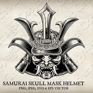 Pode incluir: Uma ilustração em preto e branco de um capacete de máscara de caveira de samurai. O capacete é detalhado com desenhos intrincados e apresenta um rosto feroz e zangado.