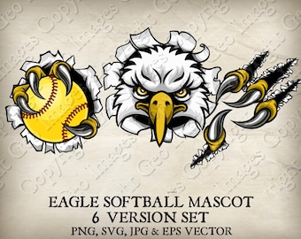 May include: A fierce eagle mascot with sharp claws holding a yellow softball. The eagle's head is peeking through a torn piece of paper. The mascot is perfect for a softball team or league.