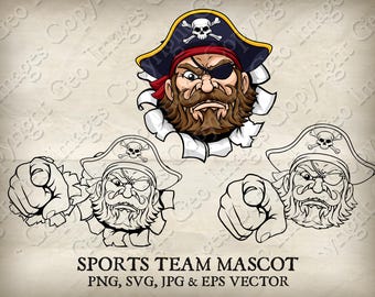 Pirate Captain Raider sport mascotte karakter piraten gezicht hoofd logo cartoon. 8 versies. Gescheurde achtergrond. Vector SVG, EPS, PNG, JPG