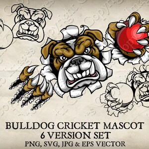 Bulldog Dog Holding Cricket Ball in Claw Mascot  Bulldogs Face Cartoon logo 6 Versions. Ripped Background. Vector SVG, EPS, PNG, and Jpg