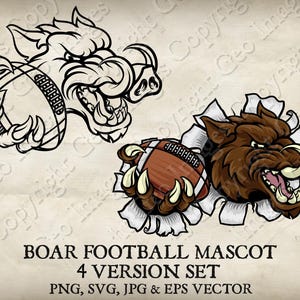 Cinghiale Razorback Facocero Maiale Maiale Pallone da football americano Mascotte Cinghiali Logo della squadra Cartone animato 4 versioni. Vettore SVG, EPS, PNG, Jpg