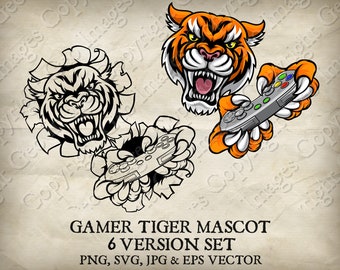 Tiger Gamer Holding Video Game Controller in Claws Clip Art Logotipo de dibujos animados 6 versiones. Arrancado a través del fondo. Vectores SVG, EPS, PNG, Jpeg