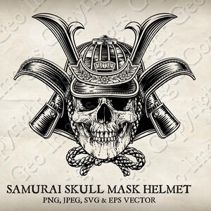 Pode incluir: Uma ilustração em preto e branco de um capacete de samurai com uma máscara de caveira. O capacete é decorado com detalhes intrincados e tem uma cara de caveira.