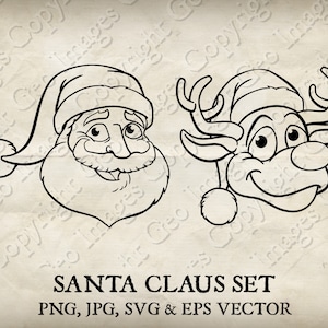 Santa Claus and Reindeer Faces Father Christmas  Heads Artwork Clipart Vector SVG EPS transparent PNG Xmas Clip Art Drawing Illustration