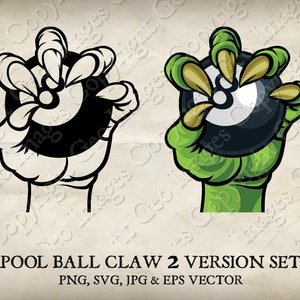Pool Ball Monster, Tiger, Wolf, Dragon, Eagle Claw Hand Holding Black 8 Ball Clip Art. Vector SVG, EPS, Jpg PNG Clipart. 2 Versions