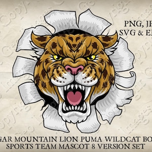 Jaguar Leopardo Chita Pantera Gato Selvagem Bobcat Gato Malhado Bola Esportes Equipe Mascote Logotipo Desenho Animado. Conjunto de 8 versões. Vetor SVG, EPS, PNG e Jpeg