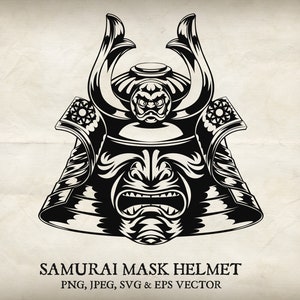 May include: Black and white illustration of a samurai mask helmet. The helmet has a fierce expression with sharp teeth and a detailed design.