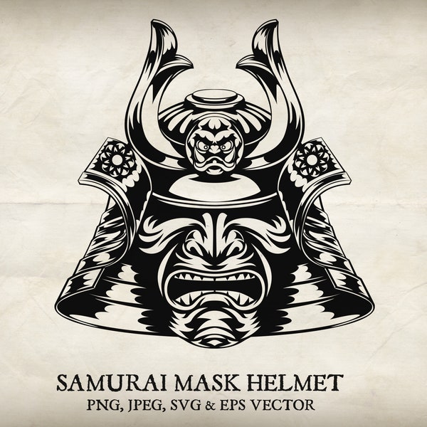 Samurai mask Japanese warrior head vector helmet. With individual PNG, jpeg, EPS and SVG files