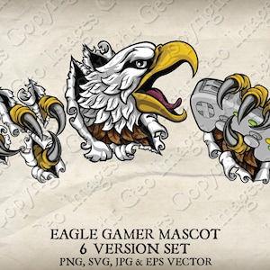 American Bald Eagle Hawk Falcon Gamer Video Game Controller Mascot Illustration. Eagles, Hawks, Falcons Cartoon Logo PNG jpg Vector EPS SVG