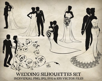 Bride and groom wedding silhouette vector set. Each of the silhouettes in individual PNG, jpg, EPS and SVG files