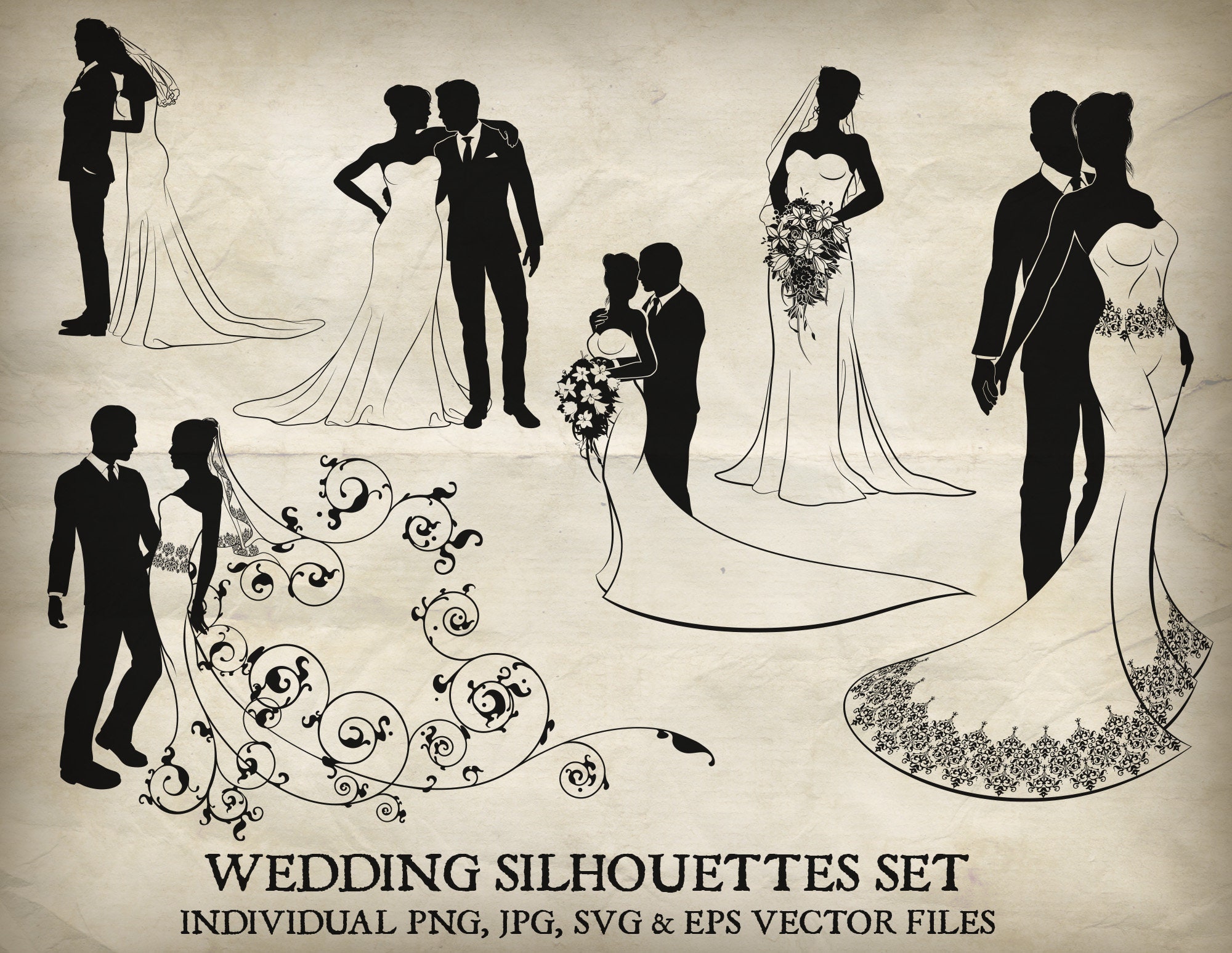 Bride and groom wedding silhouette vector set. Each of the silhouettes in  individual PNG, jpg, EPS and SVG files, image size:2000x1547
