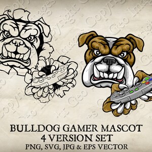 Bulldog Dog Gamer Holding Video Game Controller Cartoon Logo 4 Versions. Ripped Through Background. Vector SVG, EPS, PNG and Jpeg