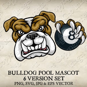 Bulldogge Hund hält Pool 8 Ball in Klaue Maskottchen Bulldoggen Gesicht Cartoon Logo 6 Versionen. Gerippter Hintergrund. Vektor SVG, EPS, PNG und Jpg