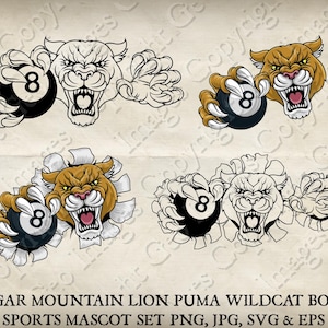 Cougar Wildcat Bobcat Puma Mountain Lion Segurando Bilhar 8 Bolas Wildcats Bobcats Cougars Equipe Mascote Logotipo Desenho Animado SVG EPS PNG Jpg