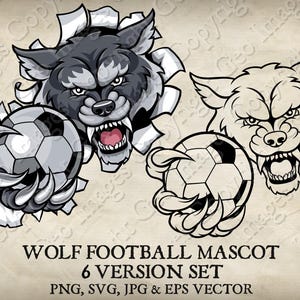 Lobo segurando futebol bola equipe mascote lobos logotipo desenho animado. 6 versões. Fundo rasgado. Vetor SVG, EPS, PNG, JPEG