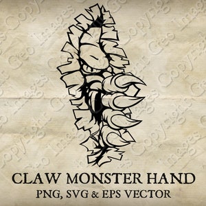 Può includere: Un'illustrazione in bianco e nero di una mano di mostro con artigli che spunta da un pezzo di carta strappato. Il testo "CLAW MONSTER HAND" e "PNG, SVG & EPS VECTOR" è sotto l'immagine.