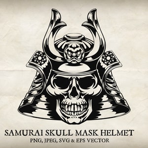 Pode incluir: Ilustração em preto e branco de um capacete de máscara de caveira de samurai. O capacete é detalhado com desenhos intrincados e apresenta um rosto de caveira com uma expressão ameaçadora.