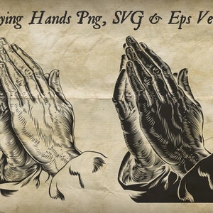 Praying hands in Christian prayer, illustration vintage woodcut style inspired by Albrecht Durer, two versions in PNG, SVG, EPS Vector Files