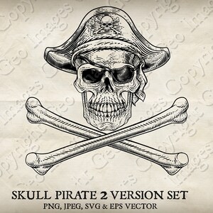 Pirate skull and crossbones jolly roger vector skeleton. Two versions in individual PNG, jpeg, EPS and SVG files