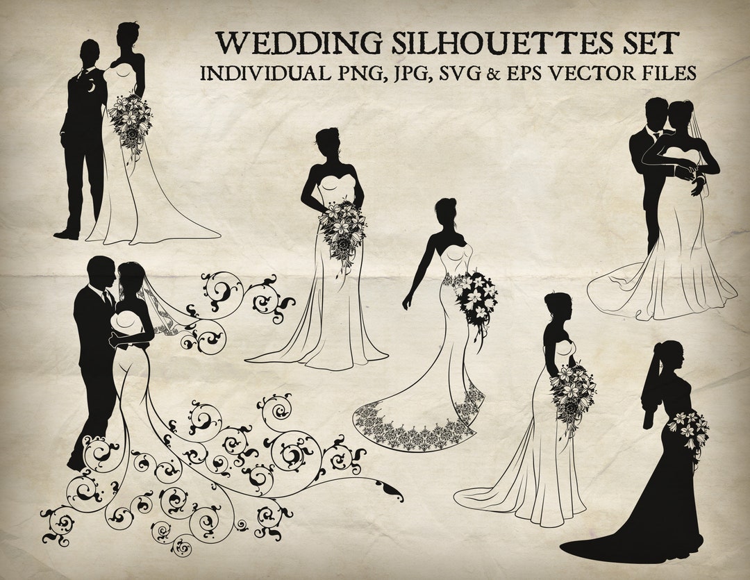 Bride and Groom Wedding Silhouette Vector Set. Each of the Silhouettes ...