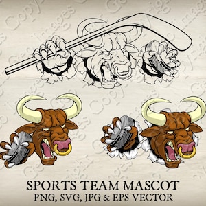 Bull Ice Hockey Mascot Minotaur Buffalo Cow Holding Hockey Stick Puck Sport Team Mascot Bulls Logo Cartoon Set of 16 Vector SVG EPS PNG Jpeg