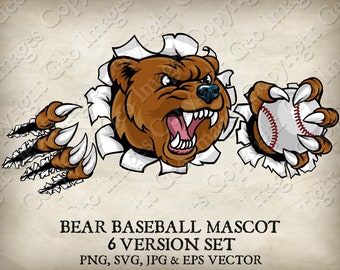 Oso Grizzly Bola De Béisbol Garras Mascota Osos Logo Dibujos Animados. 6 versiones. Fondo rasgado. Vectores SVG, EPS, PNG, Jpg