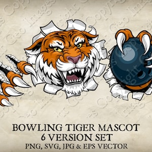 Tiger Holding Bowling Ball in Claws Mascot Angry Tigers Face Cartoon in 6 Versions. Ripped Through Background. Vector SVG, EPS, PNG, Jpeg