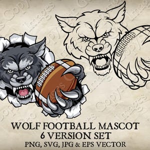 Wolf Holding American Football Ball Team Mascot Wolves Logo Cartoon. 6 Versions. Ripped Background. Vector SVG, EPS, PNG, Jpeg