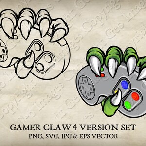 Gamer Monster, Dinosaur, Dragon, Eagle Claw Hand Holding Video Game Controller Clip Art. Vector SVG, EPS, Jpg PNG Clipart. 4 Versions