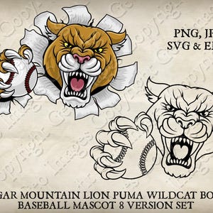 Cougar Wildcat Bobcat Puma Mountain Lion Holding Baseball Ball Team Mascot Logo Cartoon. 8 Versions. Vector SVG, EPS, PNG & Jpeg