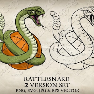Rattlesnake or Rattle Snake Basketball Sports Team Rattlers Viper Mascot Cartoon Wrapped Around Ball Logo Vector SVG EPS PNG Jpg 2 Versions