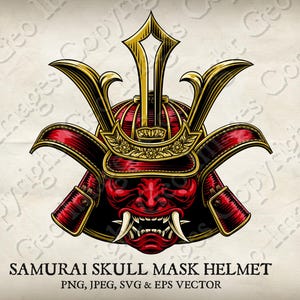 Pode incluir: Um capacete de samurai de caveira vermelho e dourado com uma expressão feroz. O capacete tem detalhes intrincados e uma parte superior pontiaguda.