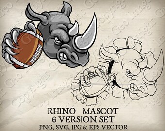 Neushoorn neushoorn American Football bal sport mascotte neushoorn sport logo cartoon. 6 versies. Gescheurde achtergrond. Vector SVG, EPS, PNG, JPG