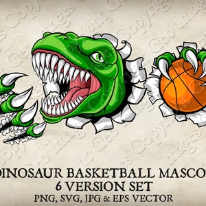 Dinosaur T Rex Raptor Holding Basketball Ball in Claw Team Mascot Logo Cartoon. 6 Versions. Ripped Background. Vector SVG, EPS, PNG, Jpeg