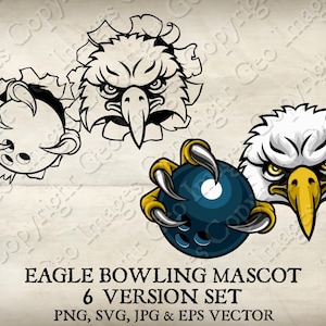Aquila Falco Falco Uccello Che Tiene Palla Da Bowling Sport Mascotte Calvo American Eagles Falcons Logo Cartone Animato. 6 Versioni. Vettore SVG, EPS, PNG, Jpeg