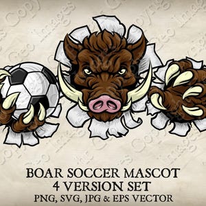 Jabalí, jabalí, jabalí, cerdo, mascota de fútbol, pelota de fútbol. Logotipo del equipo de jabalíes, 4 versiones. Vector SVG, EPS, PNG, Jpg