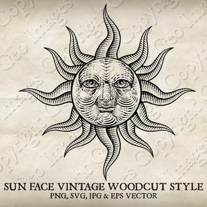 Könnte beinhalten: Eine Vintage-Holzschnitt-Illustration eines Sonnen Gesichts mit einem detaillierten Design. Die Sonne hat ein menschenähnliches Gesicht mit Augen, einer Nase und einem Mund. Die Sonne ist von Strahlen umgeben.