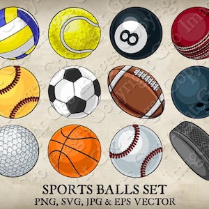 May include: A set of 10 cartoon sports balls, including a baseball, basketball, football, golf ball, hockey puck, soccer ball, tennis ball, volleyball, bowling ball, and a billiard ball. The balls are all in a cartoon style and are brightly coloured.