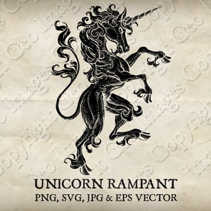 Unicorn Standing Rampant Hind Legs Heraldic Crest Coat of Arms Heraldry. Four files Vector Svg, Eps and Png, Jpg Shield Design Illustration