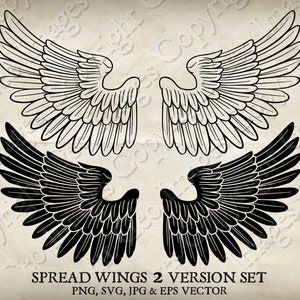 May include: Two sets of black and white wings, one set is black and the other is white. The wings are spread out and have a detailed design. The text "SPREAD WINGS 2 VERSION SET" is below the wings. The text "PNG, SVG, JPG & EPS VECTOR" is below the text "SPREAD WINGS 2 VERSION SET".